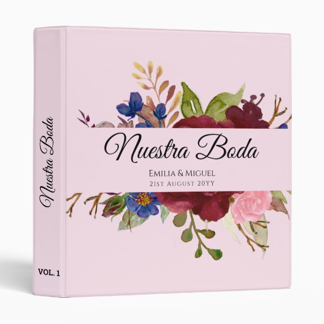 NUESTRA BODA de Flores Burdeos BURGUNDY 3 Ring Binder (Front/Spine)