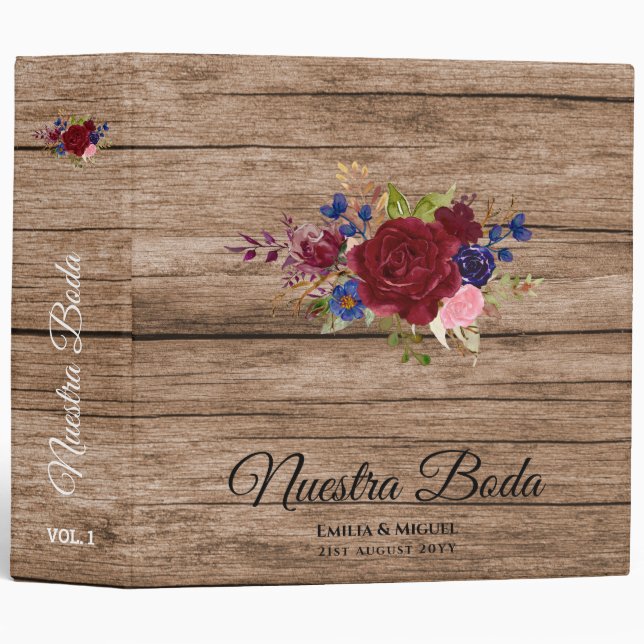 NUESTRA BODA de Flores Burdeos BURGUNDY 3 Ring Binder (Front/Spine)