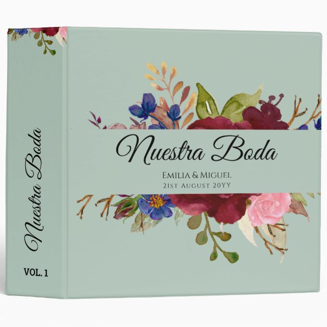 NUESTRA BODA de Flores Burdeos BURGUNDY 3 Ring Binder (Front/Spine)