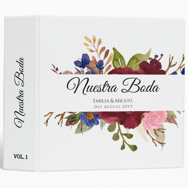 NUESTRA BODA de Flores Burdeos BURGUNDY 3 Ring Binder (Front/Spine)