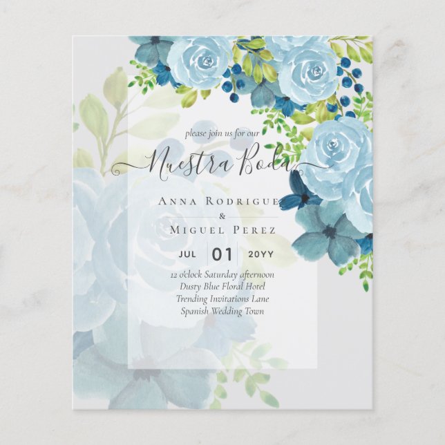NUESTRA BODA Dusty Blue Floral BUDGET Flyer (Front)