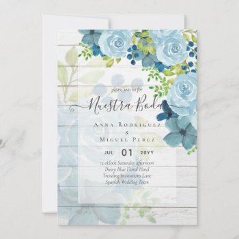 NUESTRA BODA Dusty Blue Floral Spanish Wedding Invitation