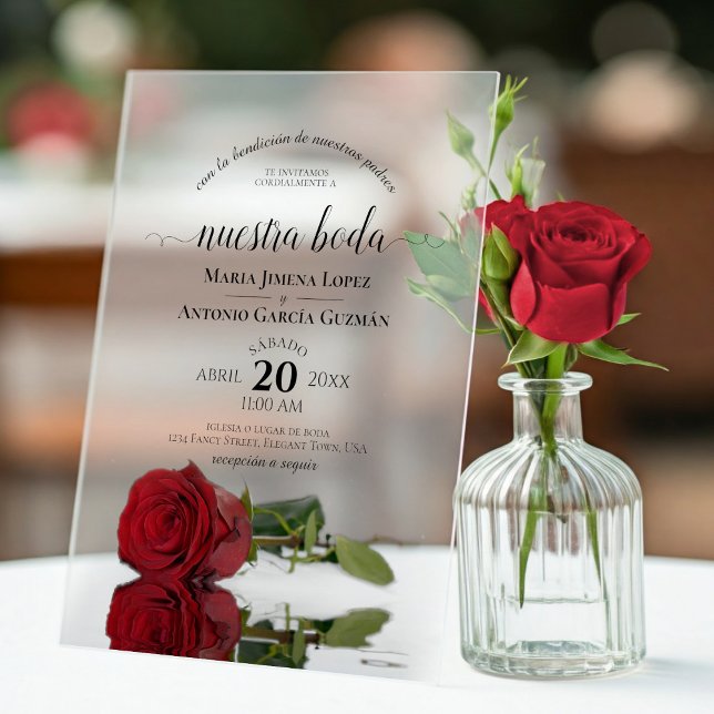Nuestra Boda Elegant Red Rose Spanish Wedding Acrylic Invitations (Frosted Acrylic with Rectangle Cut)