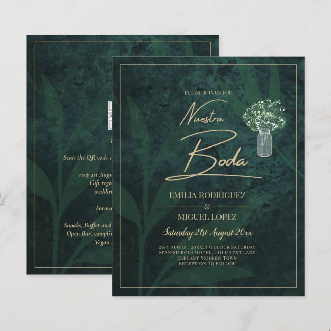 NUESTRA BODA Emerald Green Gold Gypsophila INVITE (Front/Back)