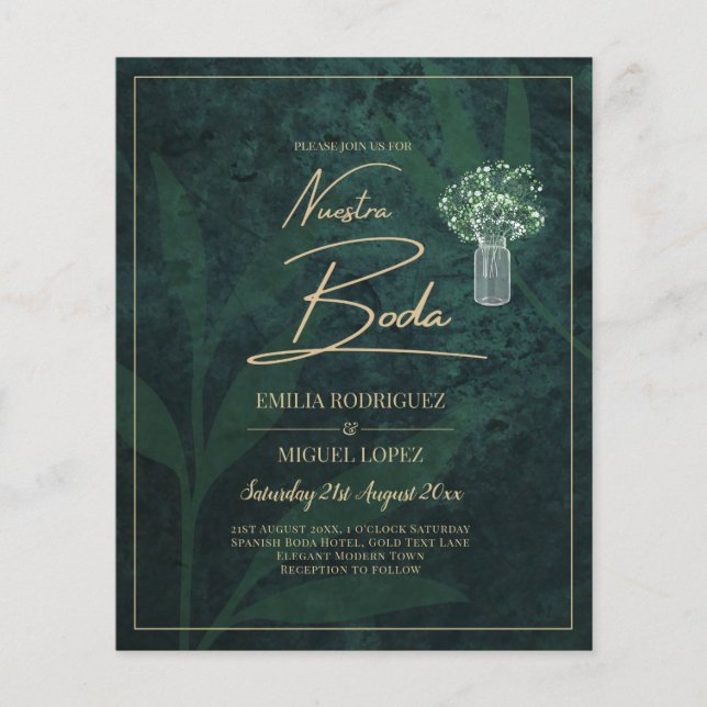NUESTRA BODA Emerald Green Gold Gypsophila INVITE Flyer (Front)