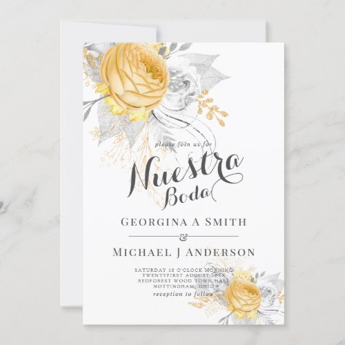 Nuestra Boda Gold White Roses Silver Leaves Modern Invitation