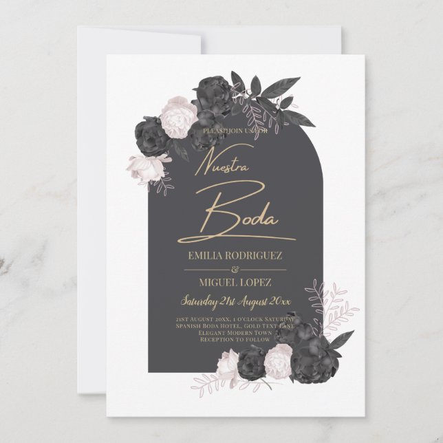 NUESTRA BODA Gray Blushing Pink Roses Spanish Invitation (Front)