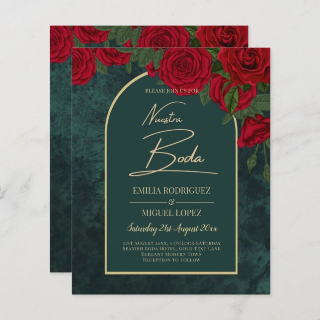 NUESTRA BODA Green Gold RED Roses Winter INVITE (Front/Back)