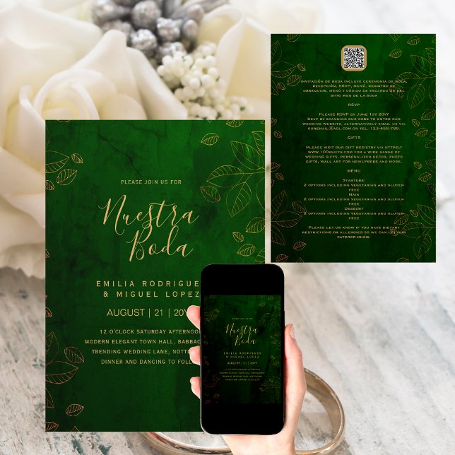 NUESTRA BODA GREEN GOLD RSVP MENU QRCode DETAILS Invitation (Creator Uploaded)