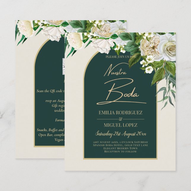 NUESTRA BODA Green Gold White Roses Winter INVITE (Front/Back)