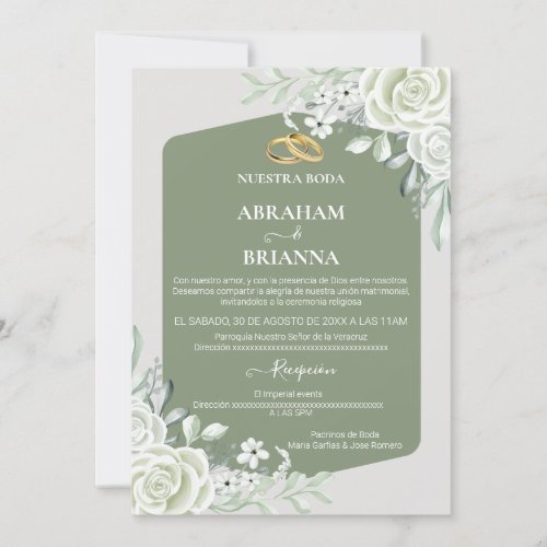 Nuestra Boda Green Sage Floral Wedding Invitation