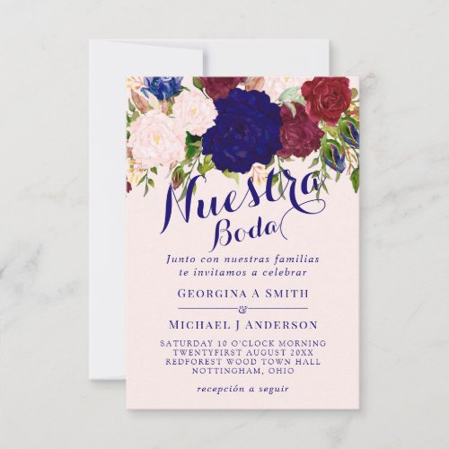 Nuestra Boda Invitacion Burgundy Blue Pink Floral Invitation