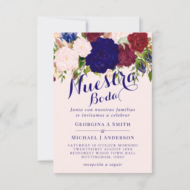 Nuestra Boda Invitacion Burgundy Blue Pink Floral Invitation (Front)