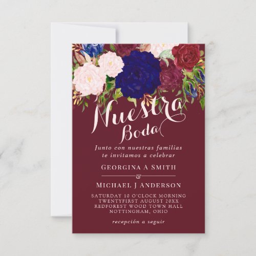 Nuestra Boda Invitacion Burgundy Blue Pink Floral Invitation