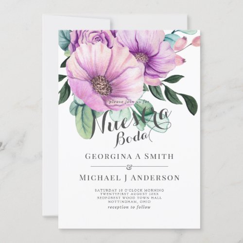 Nuestra Boda Modern Spanish Wedding Purple Flowers Invitation