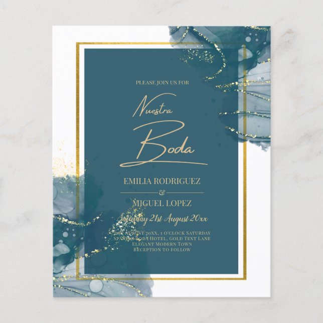 NUESTRA BODA Peacock Blue Gold Wedding Invite Flyer (Front)