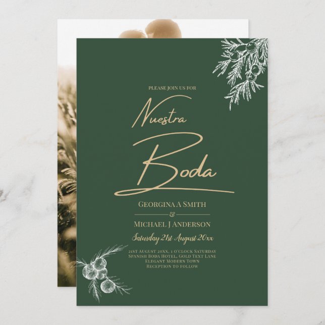 Nuestra Boda PHOTO Wedding Invite Juniper Green  (Front/Back)