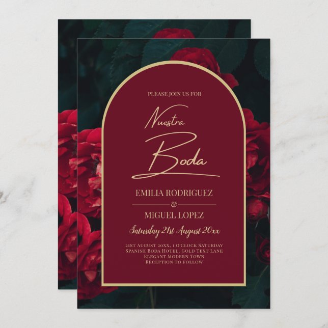 NUESTRA BODA Red Roses Forest Green Winter INVITE (Front/Back)