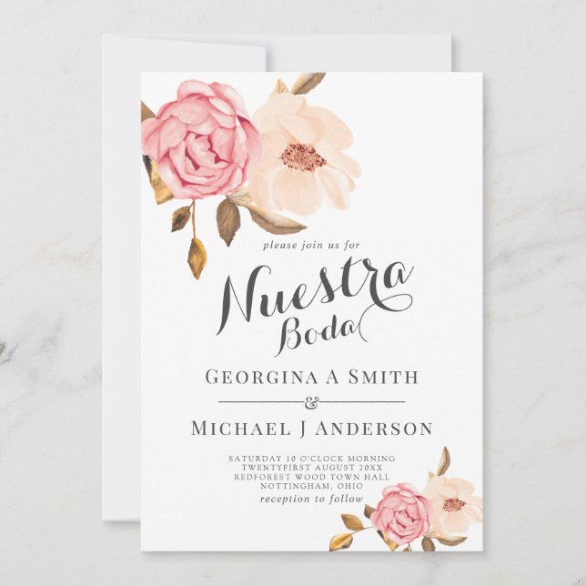 Nuestra Boda Roses Pink Watercolor Wedding Invitation (Front)