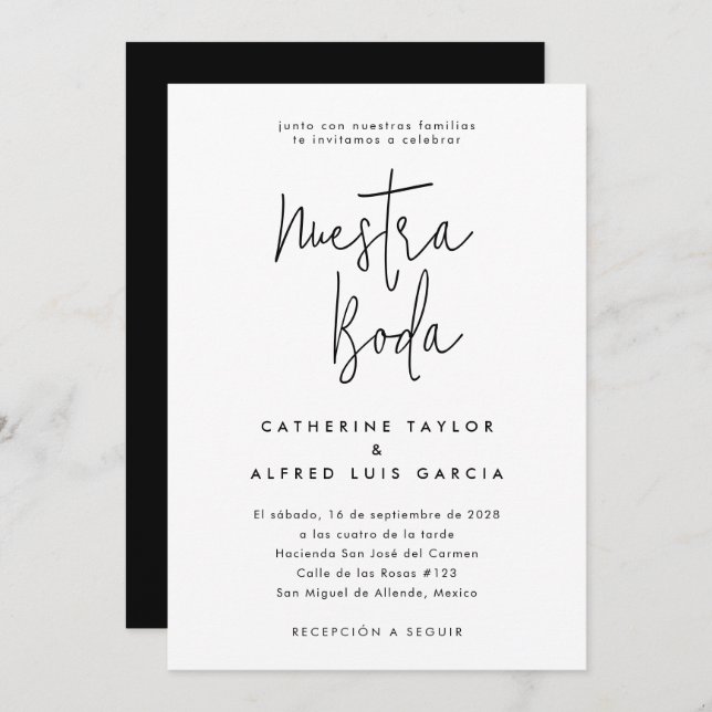 Nuestra Boda Spanish Language Black Script Wedding Invitation (Front/Back)