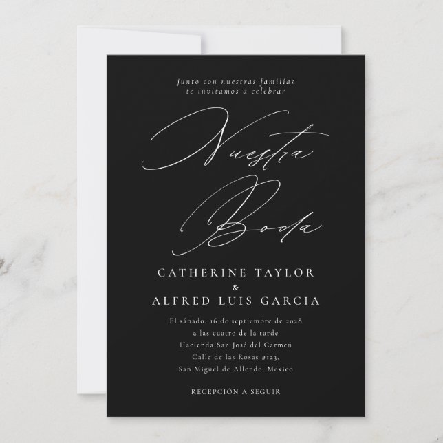 Nuestra Boda Spanish Language Black Script Wedding Invitation (Front)