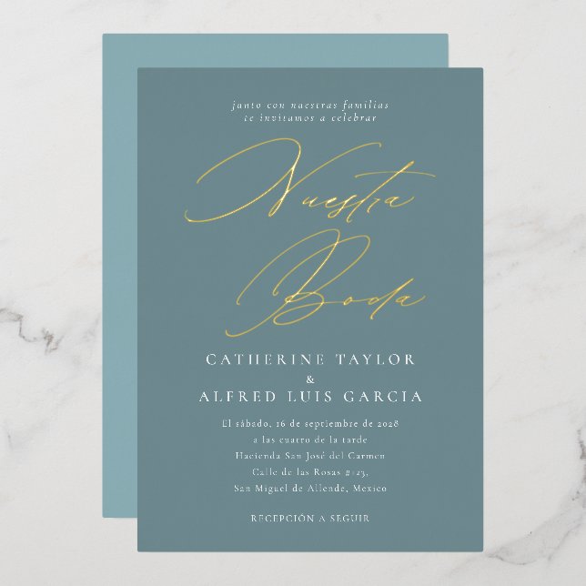 Nuestra Boda Spanish Language Blue Script Wedding Foil Invitation (Front/Back)