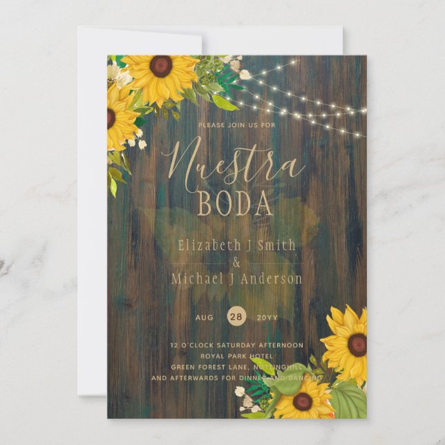 NUESTRA BODA Sunflowers Rustic Wood Wedding Invite (Front)