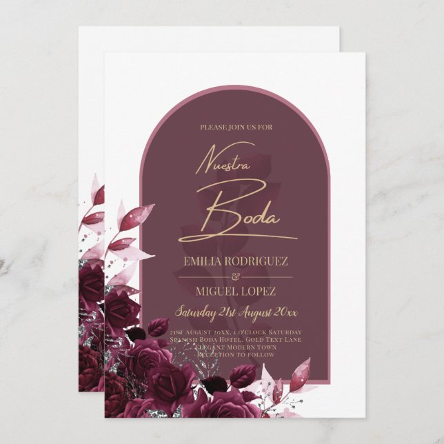 NUESTRA BODA Wine Red Roses INVITACIONS Invitation (Front/Back)