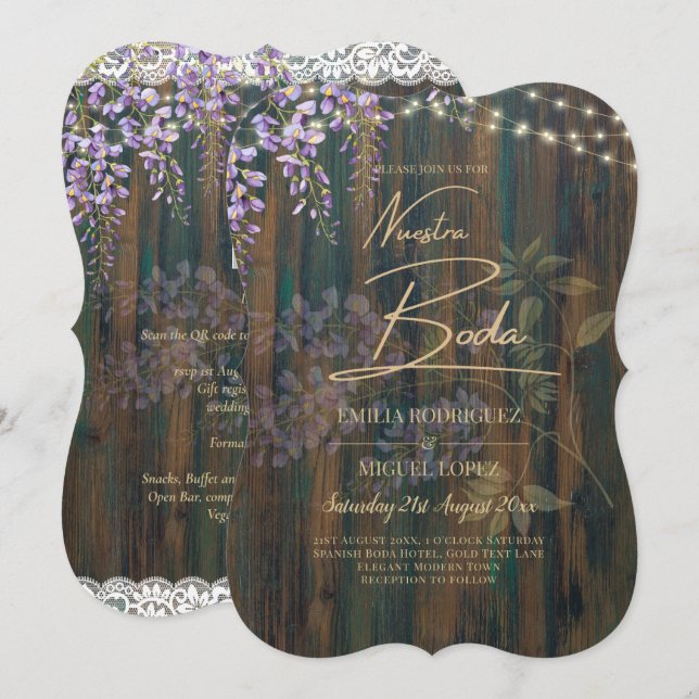 NUESTRA BODA Wisteria Wood Lace Lights Wedding Inv Invitation (Front/Back)