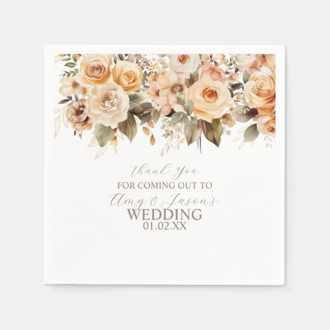 Nuetral Beige Floral Botanical Wedding Brown Napkins (Front)
