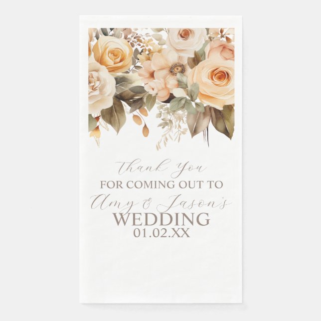 Nuetral Beige Floral Botanical Wedding Brown Paper Guest Towels (Front)