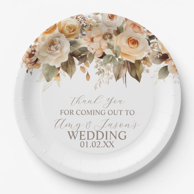 Nuetral Beige Floral Botanical Wedding Brown Paper Plates (Front)