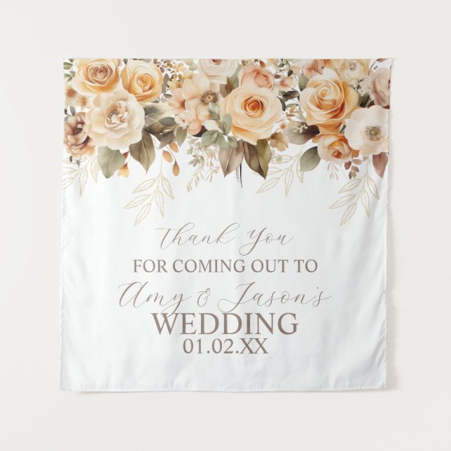 Nuetral Beige Floral Botanical Wedding Brown Tapestry (Front)