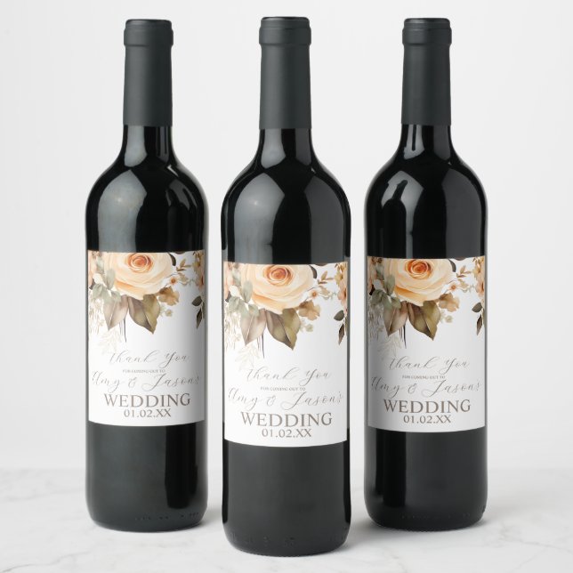 Nuetral Beige Floral Botanical Wedding Brown Wine Label (Bottles)