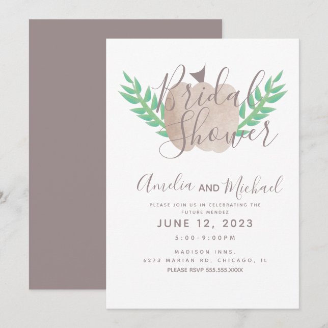 Nuetral Pumpkin Brown Beige Greenery Bridal Shower Invitation (Front/Back)