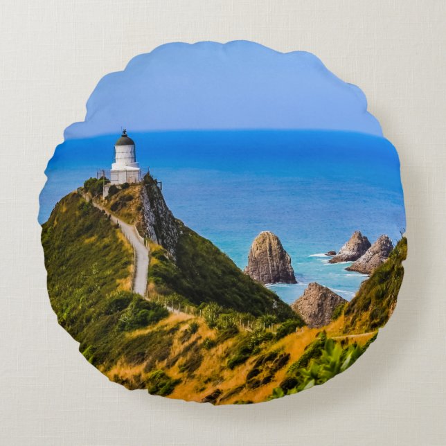 Nugget Point lighthouse, New Zealand Round Pillow (Front)