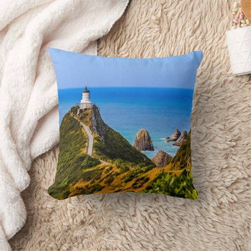 Nugget Point lighthouse New Zealand Throw Pillow