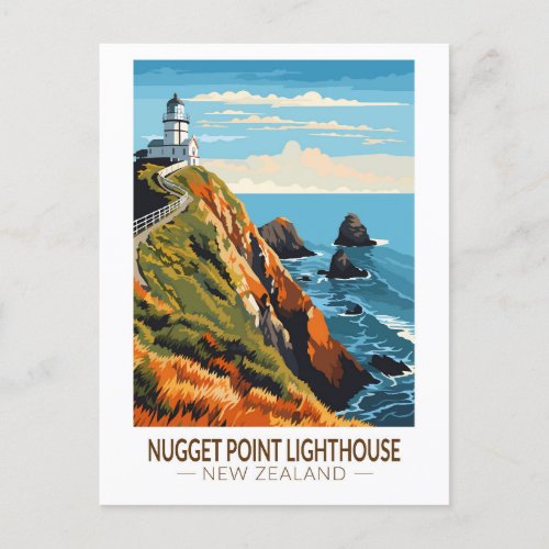 Nugget Point Lighthouse New Zealand Travel Vintage Postcard