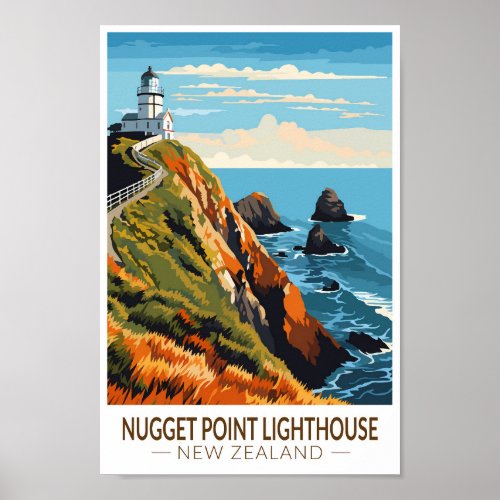 Nugget Point Lighthouse New Zealand Travel Vintage Poster