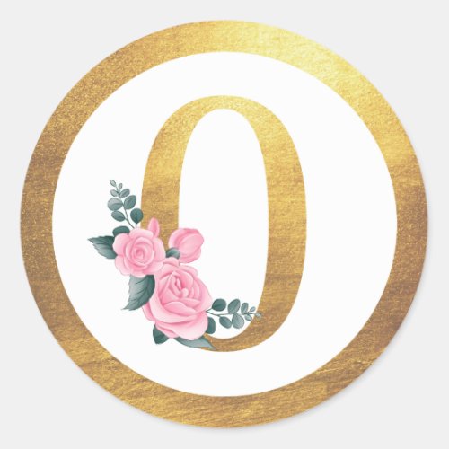 Number 0 Zero Pink Roses Floral  Elegant Gold Classic Round Sticker