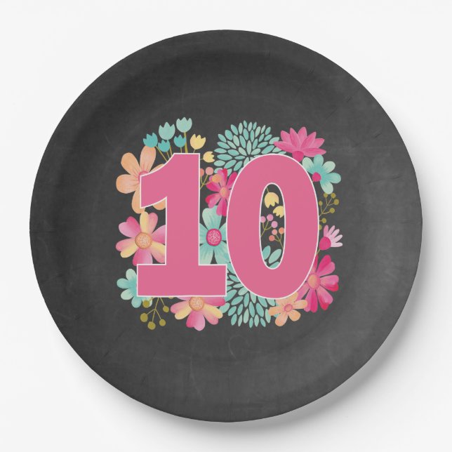 Number 10 Tenth Birthday Anniversary Party Paper Plates (Front)