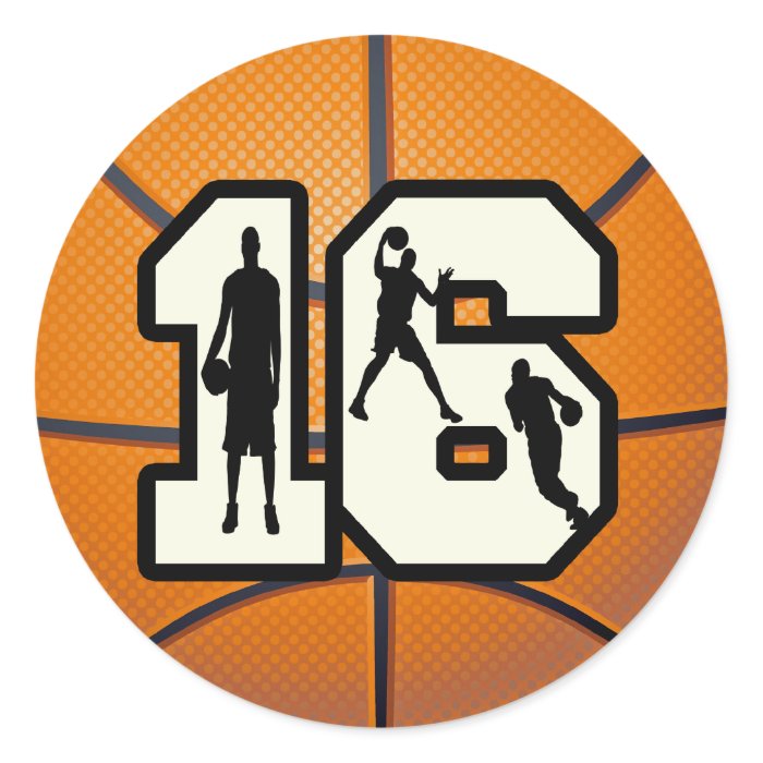 Number 16 Basketball and Players Round Sticker