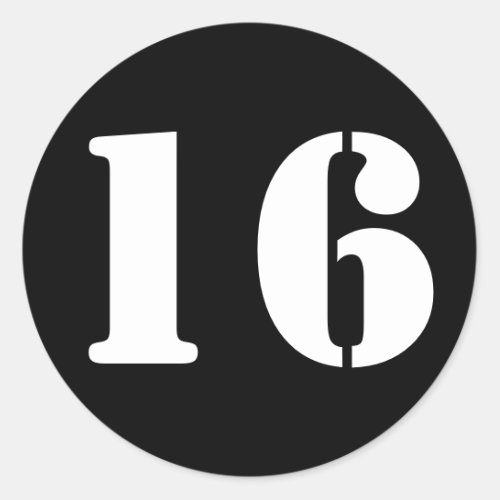 Number 16 Sixteen Black Stencil Numbers by Janz Classic Round Sticker