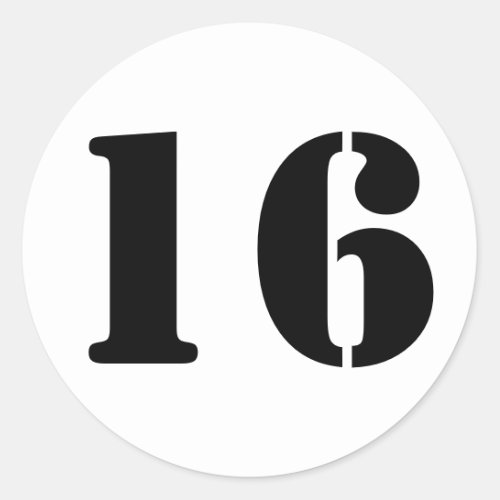 Number 16 Sixteen White Stencil Numbers by Janz Classic Round Sticker