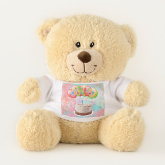 Number 1 Candle on Cake, Happy Birthday, Colorful Teddy Bear