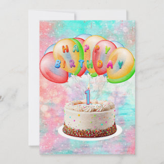 Number 1 Candle on Cake, Happy Birthday, Colorful Thank You Card