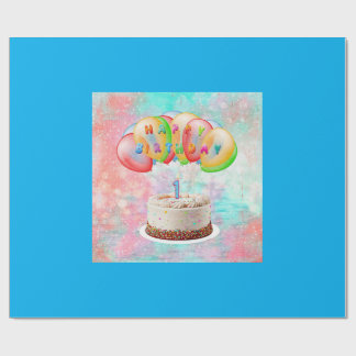 Number 1 Candle on Cake, Happy Birthday, Colorful Wrapping Paper