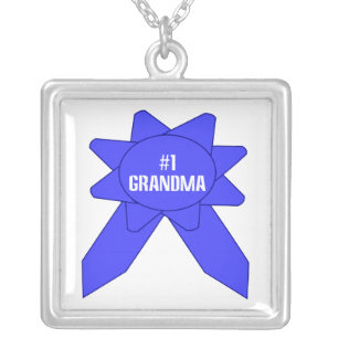 Number 1 Grandma Blue Ribbon Silver Plated Necklace
