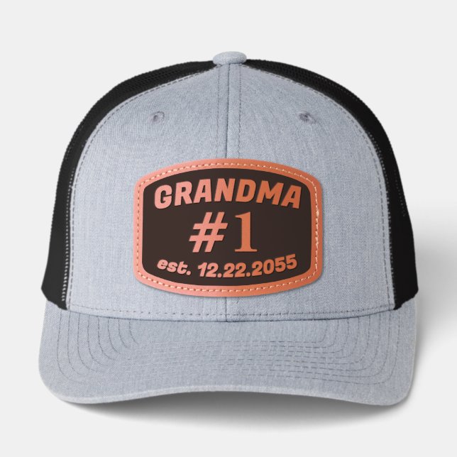 Number 1 Grandma Established Date  Leather Patch Hat (Front)