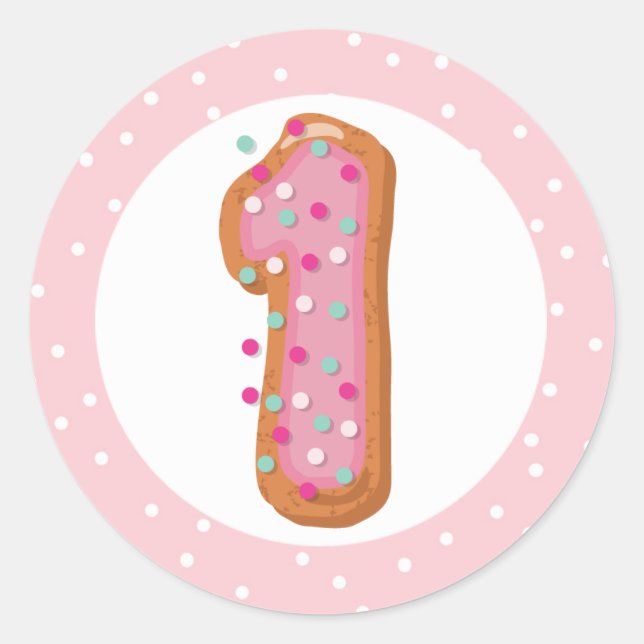 Number 1 One Pink Iced Donuts Baby First Birthday Classic Round Sticker (Front)
